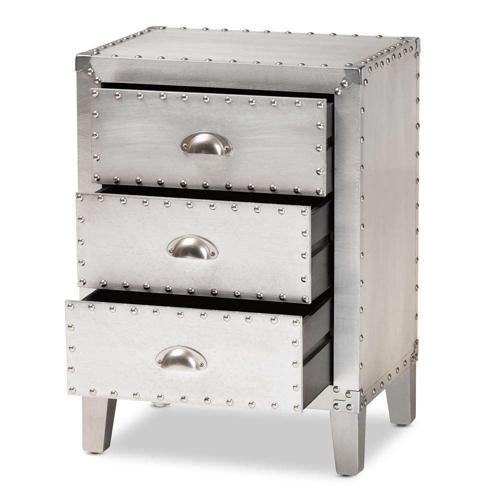 Claude French Industrial Silver Metal 3-Drawer Nightstand FredCo