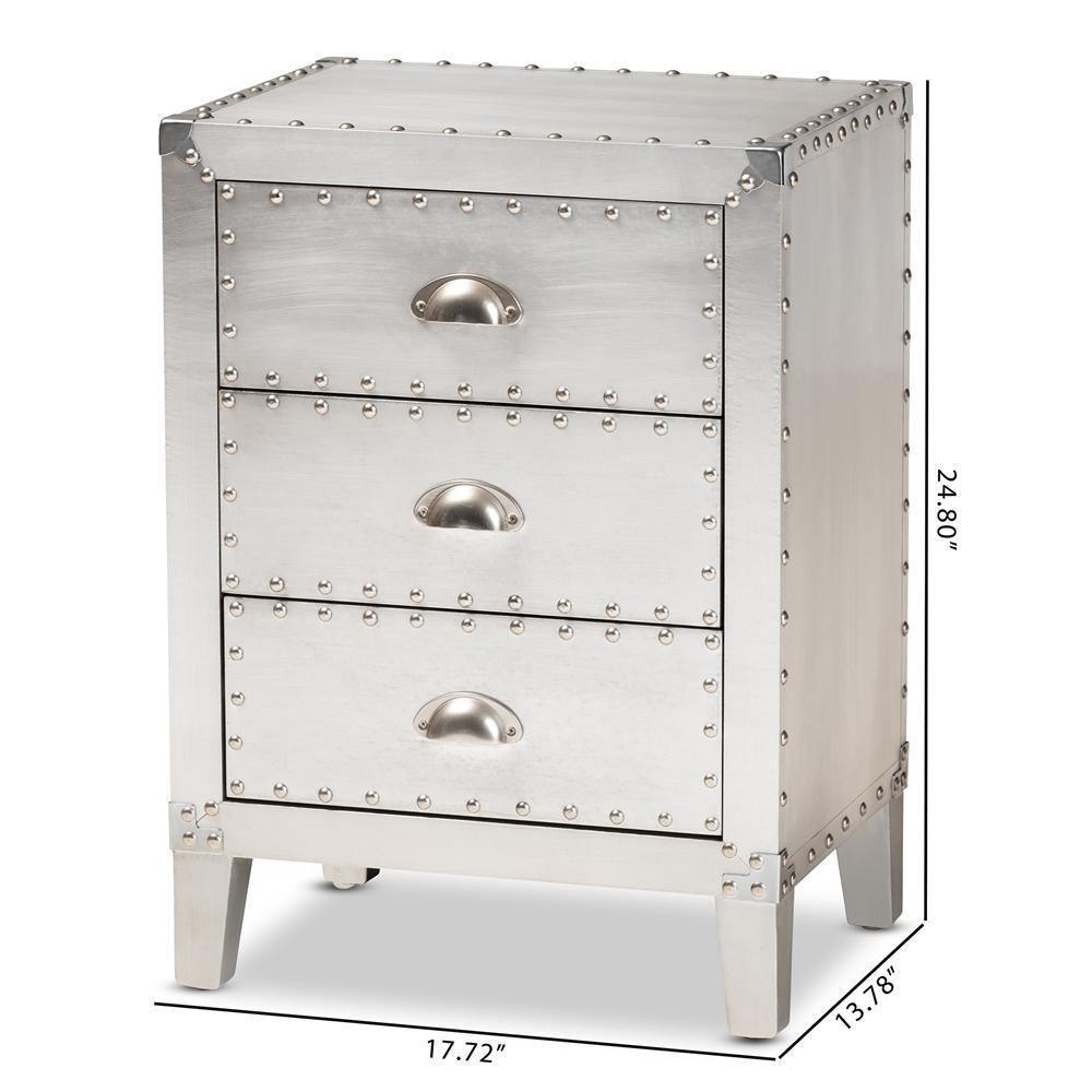 Claude French Industrial Silver Metal 3-Drawer Nightstand FredCo