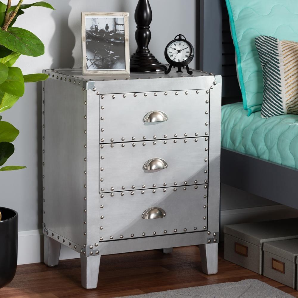 Claude French Industrial Silver Metal 3-Drawer Nightstand FredCo
