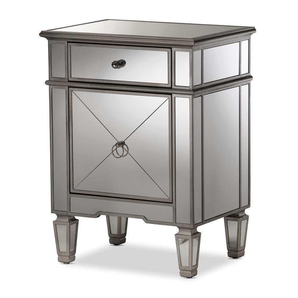 Claudia Hollywood Regency Glamour Style Mirrored Nightstand FredCo