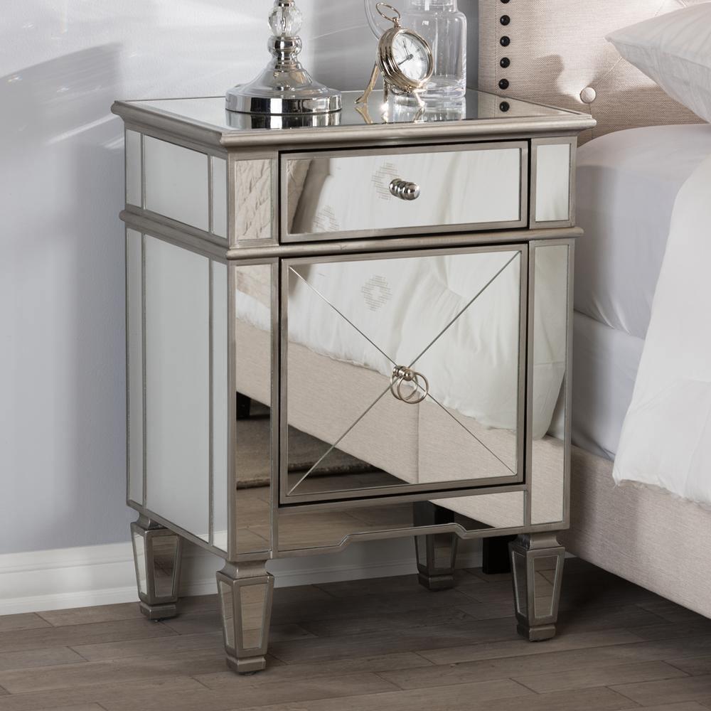Claudia Hollywood Regency Glamour Style Mirrored Nightstand FredCo