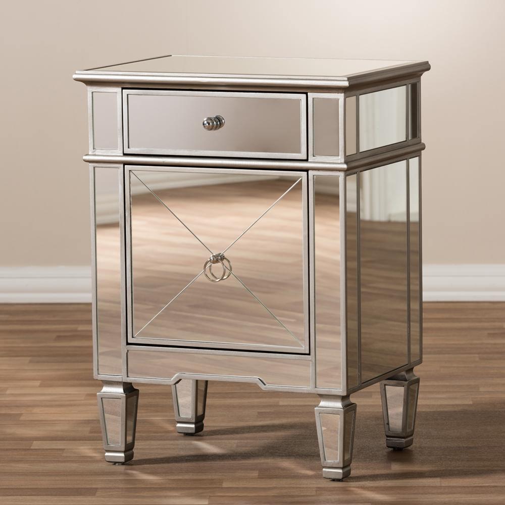 Claudia Hollywood Regency Glamour Style Mirrored Nightstand FredCo