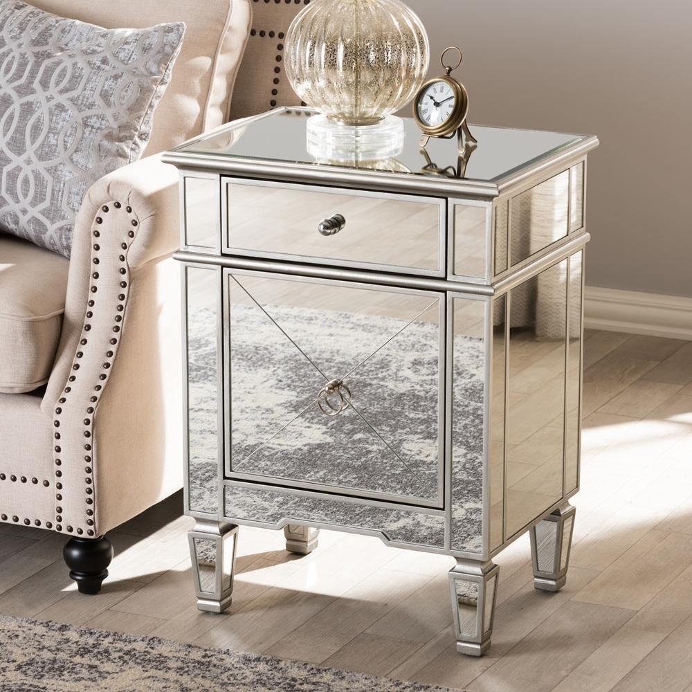 Claudia Hollywood Regency Glamour Style Mirrored Nightstand FredCo