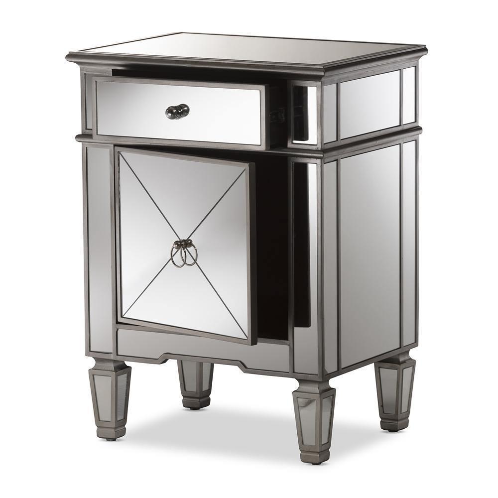 Claudia Hollywood Regency Glamour Style Mirrored Nightstand FredCo
