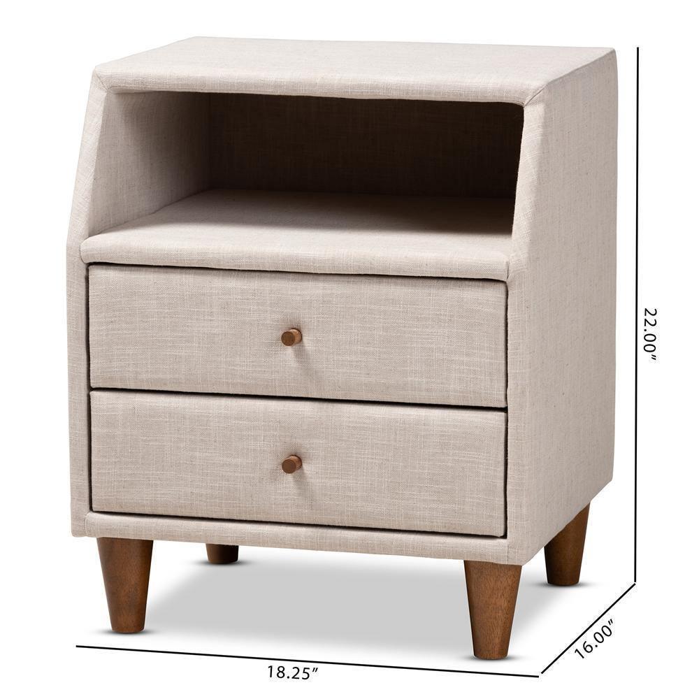 Claverie Mid-Century Modern Beige Fabric Upholstered 2-Drawer Wood Nightstand FredCo