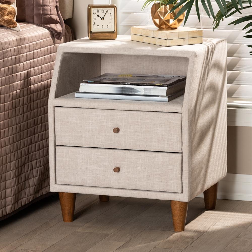 Claverie Mid-Century Modern Beige Fabric Upholstered 2-Drawer Wood Nightstand FredCo