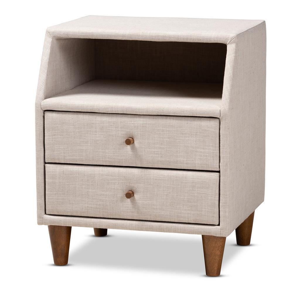 Claverie Mid-Century Modern Beige Fabric Upholstered 2-Drawer Wood Nightstand FredCo