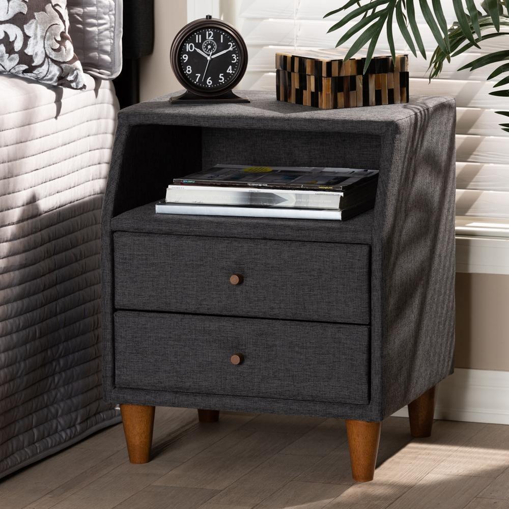 Claverie Mid-Century Modern Charcoal Fabric Upholstered 2-Drawer Wood Nightstand FredCo