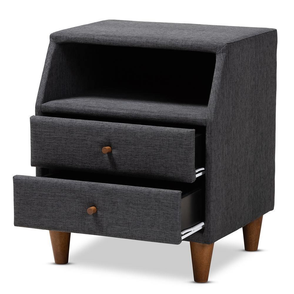 Claverie Mid-Century Modern Charcoal Fabric Upholstered 2-Drawer Wood Nightstand FredCo