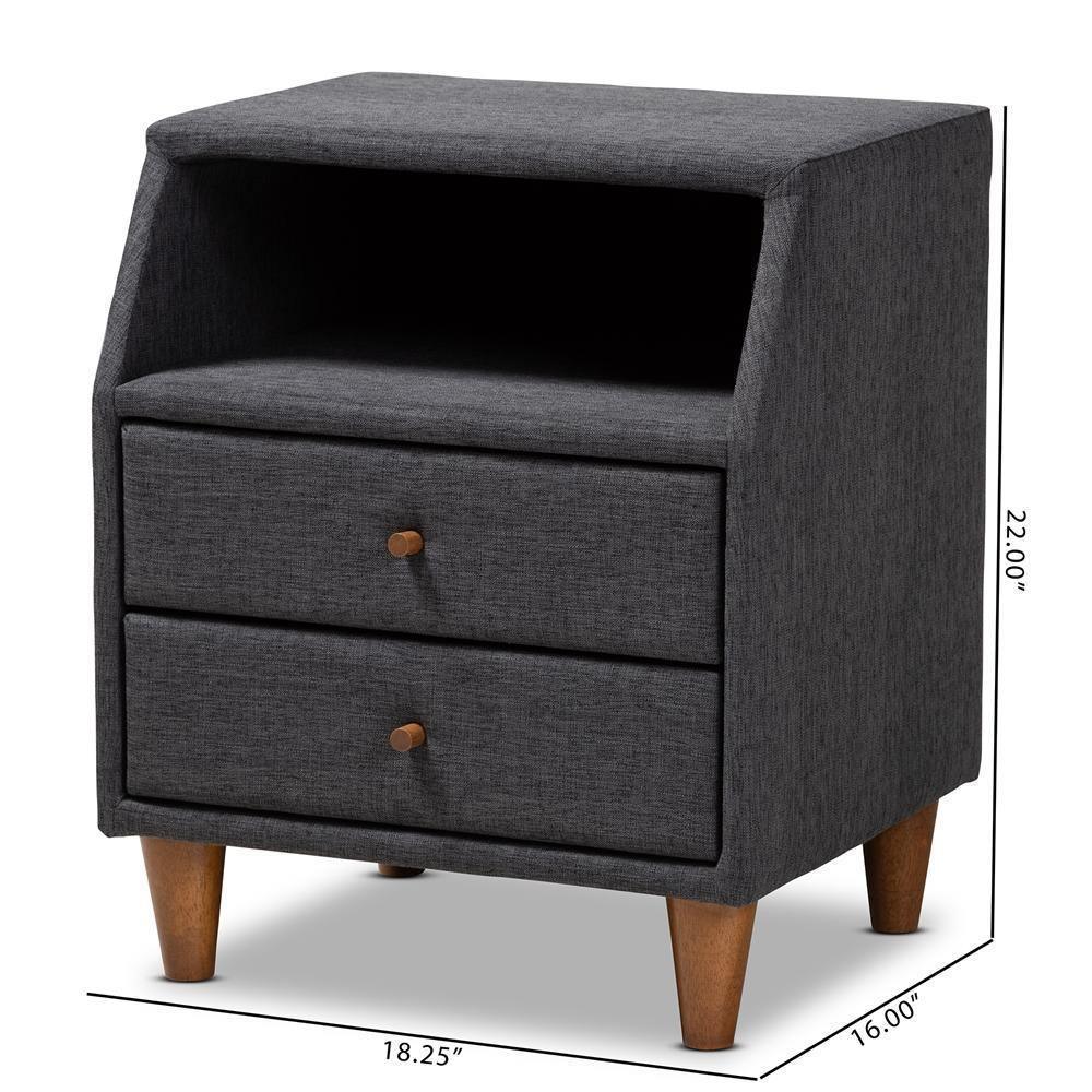Claverie Mid-Century Modern Charcoal Fabric Upholstered 2-Drawer Wood Nightstand FredCo