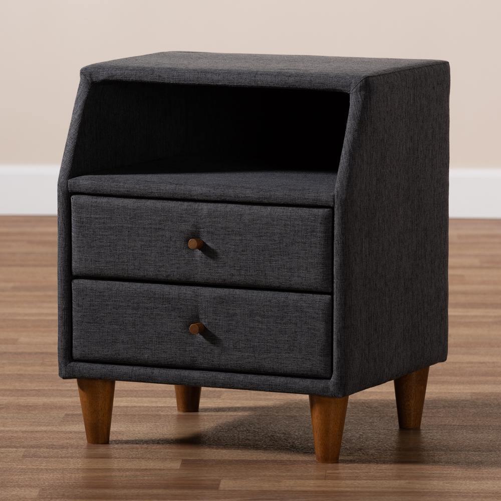 Claverie Mid-Century Modern Charcoal Fabric Upholstered 2-Drawer Wood Nightstand FredCo