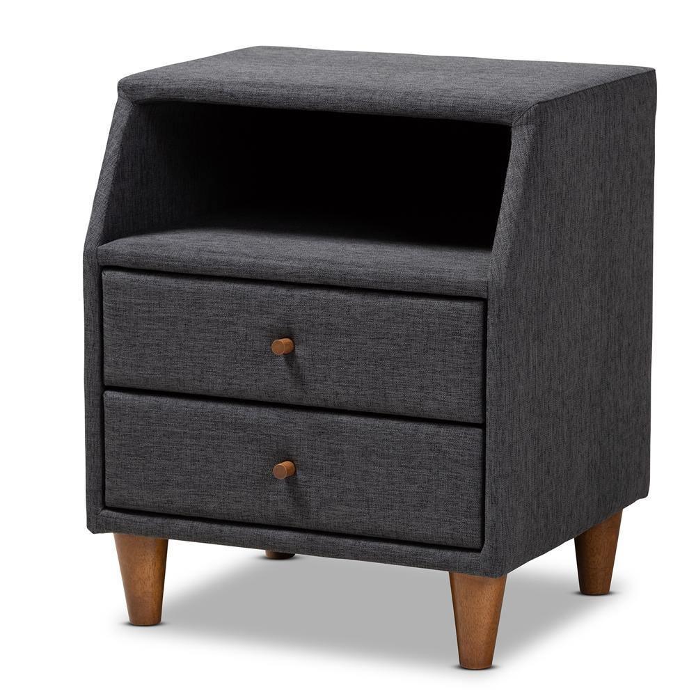 Claverie Mid-Century Modern Charcoal Fabric Upholstered 2-Drawer Wood Nightstand FredCo