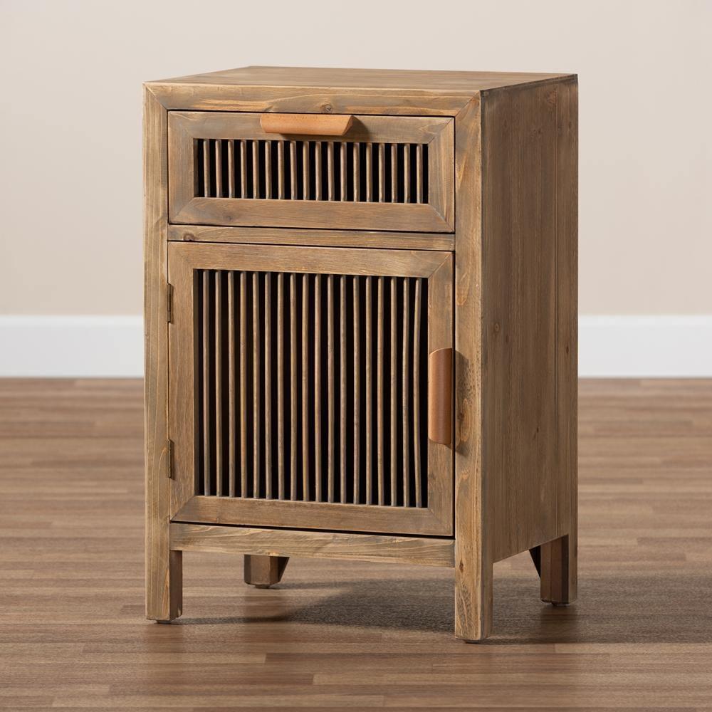 Clement Rustic Transitional Medium Oak Finished 1-Door and 1-Drawer Wood Spindle Nightstand FredCo
