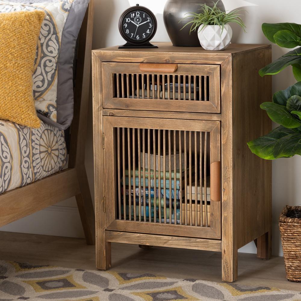 Clement Rustic Transitional Medium Oak Finished 1-Door and 1-Drawer Wood Spindle Nightstand FredCo