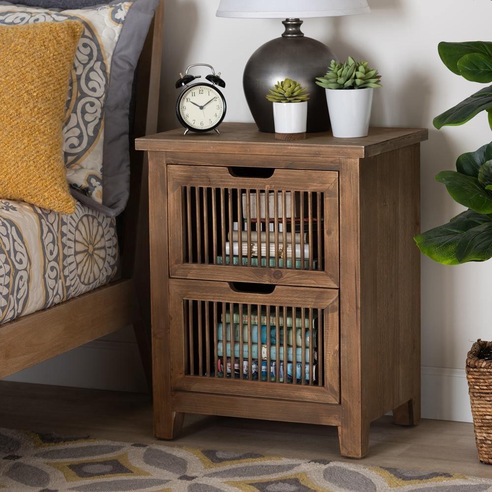 Clement Rustic Transitional Medium Oak Finished 2-Drawer Wood Spindle Nightstand FredCo