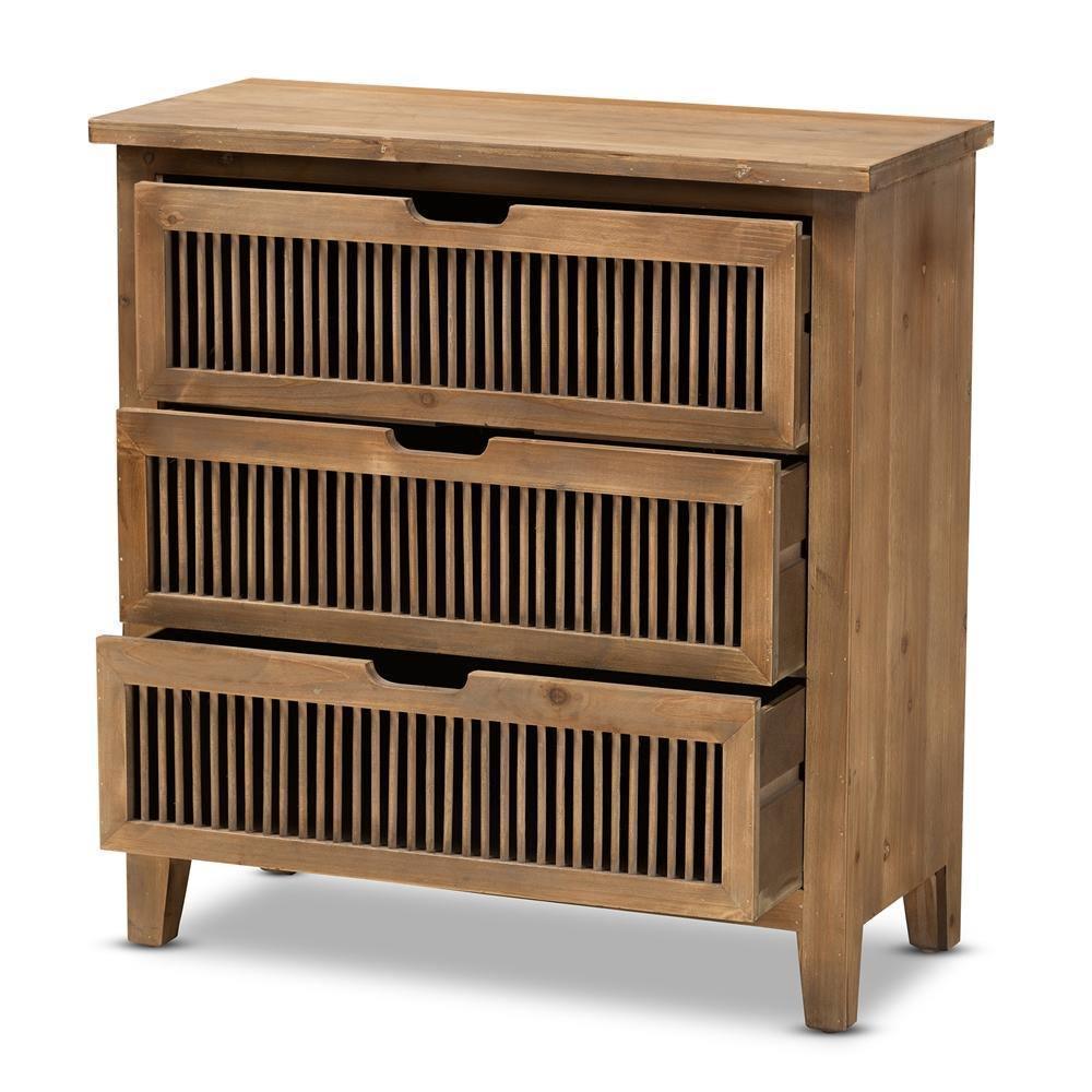 Clement Rustic Transitional Medium Oak Finished 3-Drawer Wood Spindle Storage Cabinet FredCo