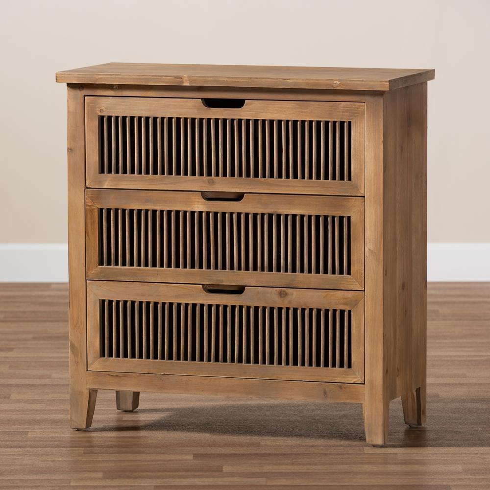Clement Rustic Transitional Medium Oak Finished 3-Drawer Wood Spindle Storage Cabinet FredCo