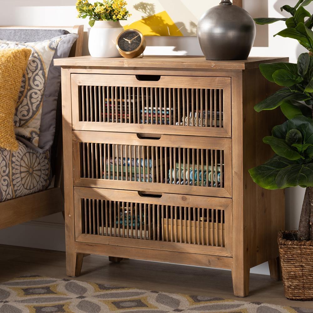 Clement Rustic Transitional Medium Oak Finished 3-Drawer Wood Spindle Storage Cabinet FredCo