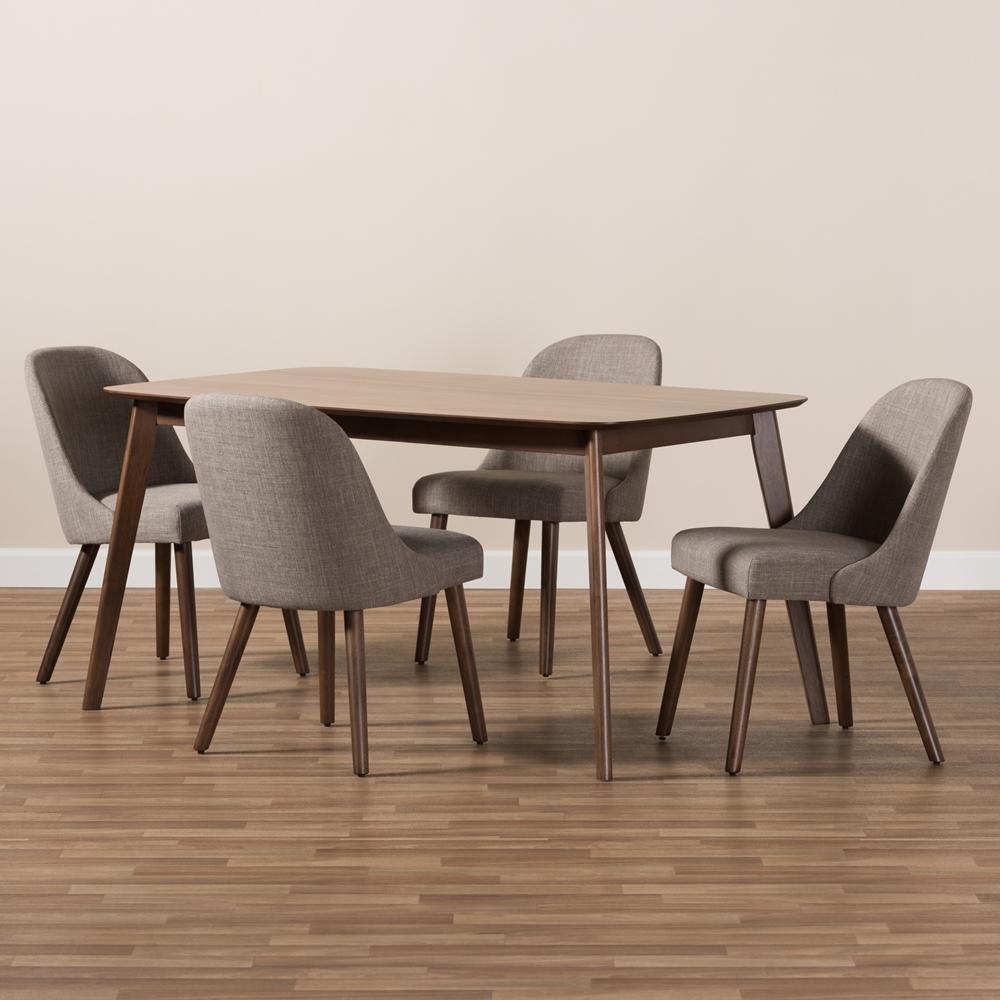 Cody Mid-Century Modern Light Grey Fabric Upholstered Walnut Finished Wood 5-Piece Dining Set FredCo