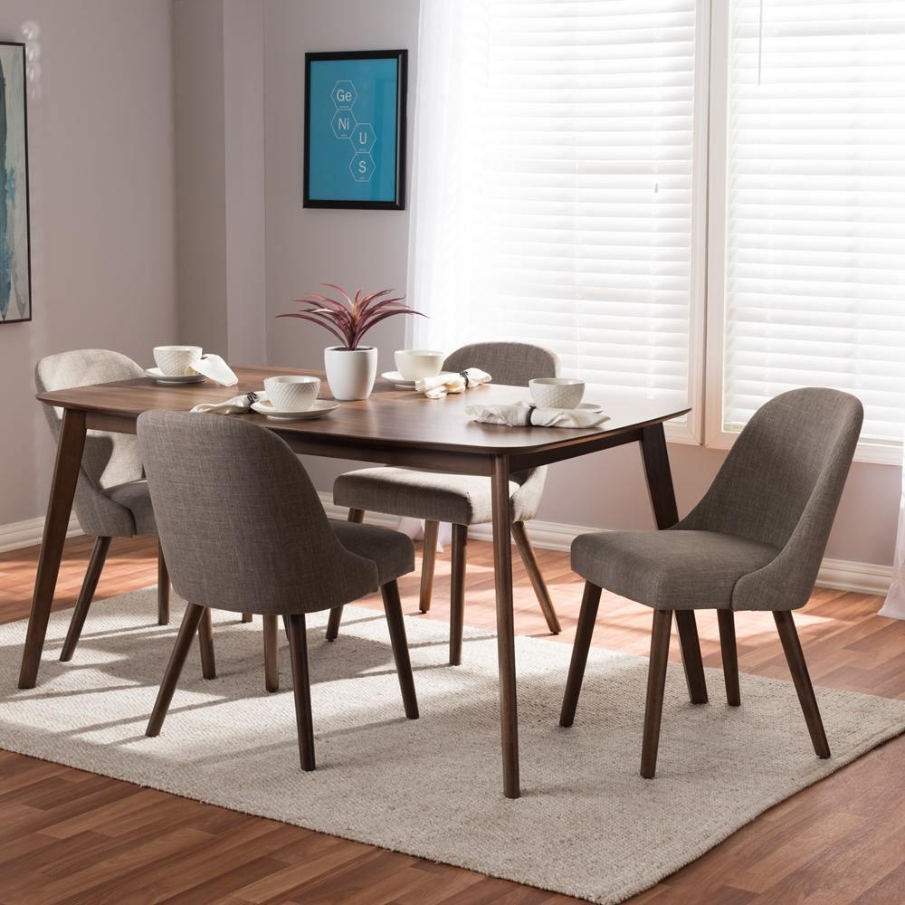 Cody Mid-Century Modern Light Grey Fabric Upholstered Walnut Finished Wood 5-Piece Dining Set FredCo