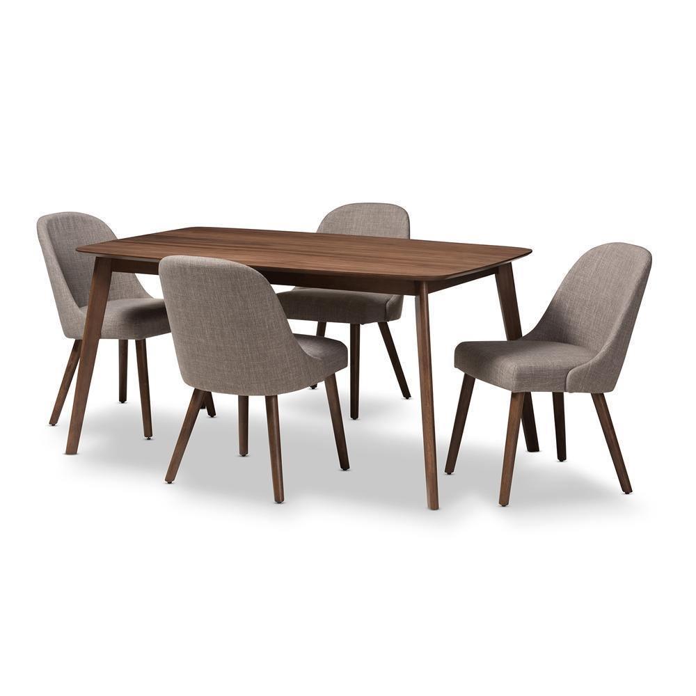 Cody Mid-Century Modern Light Grey Fabric Upholstered Walnut Finished Wood 5-Piece Dining Set FredCo