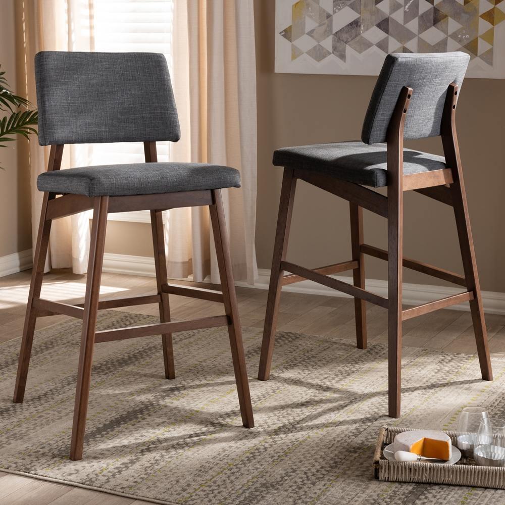 Colton Mid-Century Modern Dark Gray Fabric Upholstered and Walnut-Finished Wood Bar Stool Set of 2 FredCo