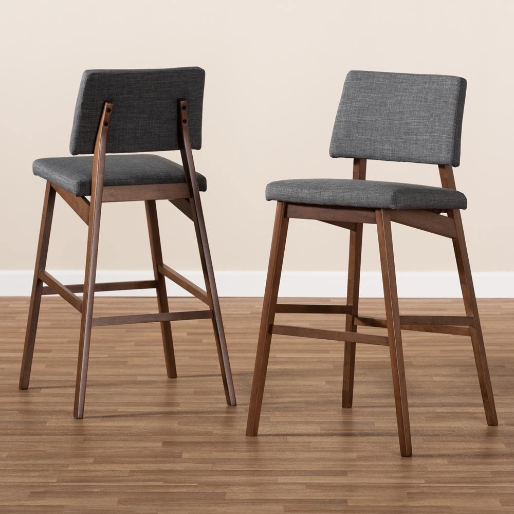 Colton Mid-Century Modern Dark Gray Fabric Upholstered and Walnut-Finished Wood Bar Stool Set of 2 FredCo