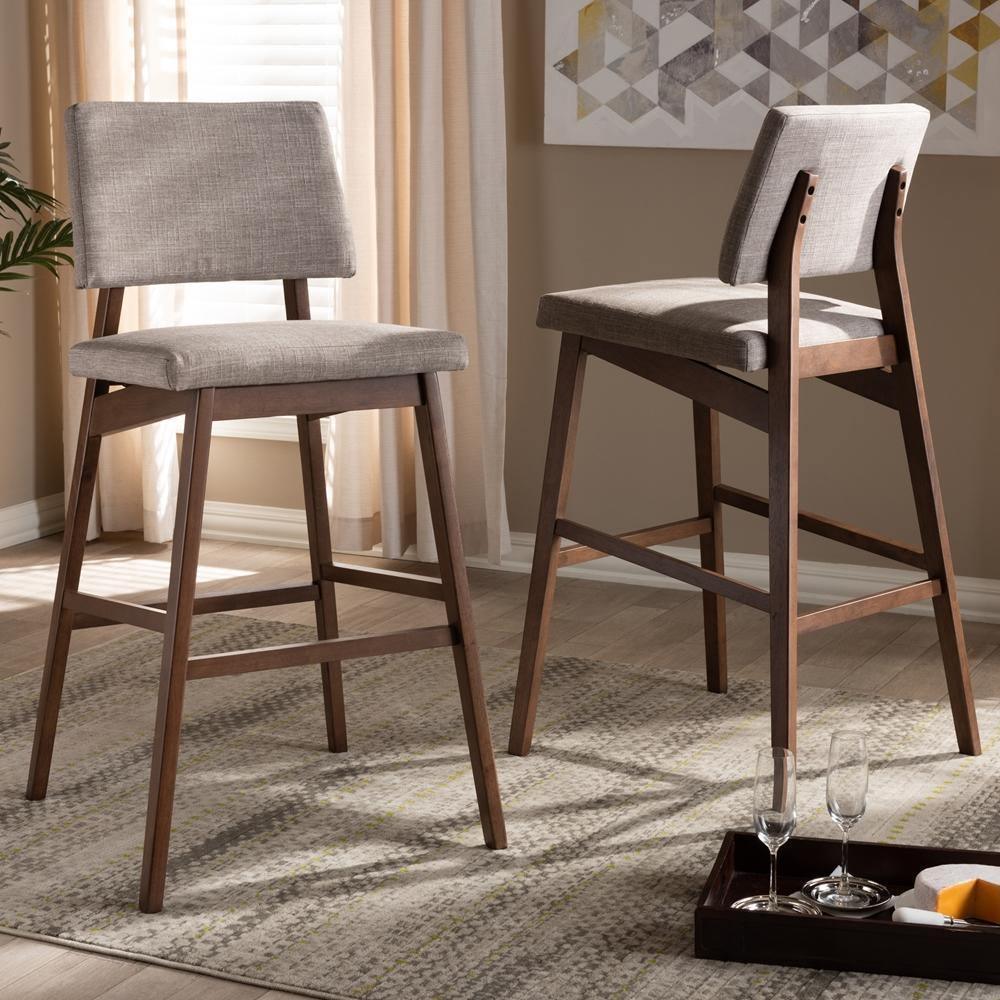 Colton Mid-Century Modern Light Gray Fabric Upholstered and Walnut-Finished Wood Bar Stool Set of 2 FredCo