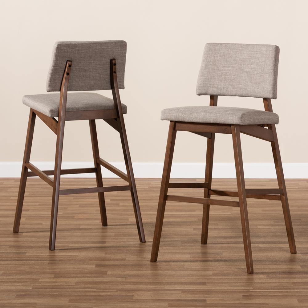 Colton Mid-Century Modern Light Gray Fabric Upholstered and Walnut-Finished Wood Bar Stool Set of 2 FredCo