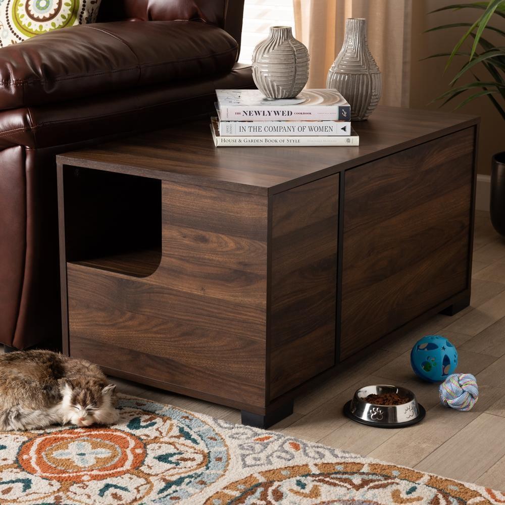 Connor Modern and Contemporary Walnut Brown Finished 2-Door Cat Litter Box Cover House FredCo