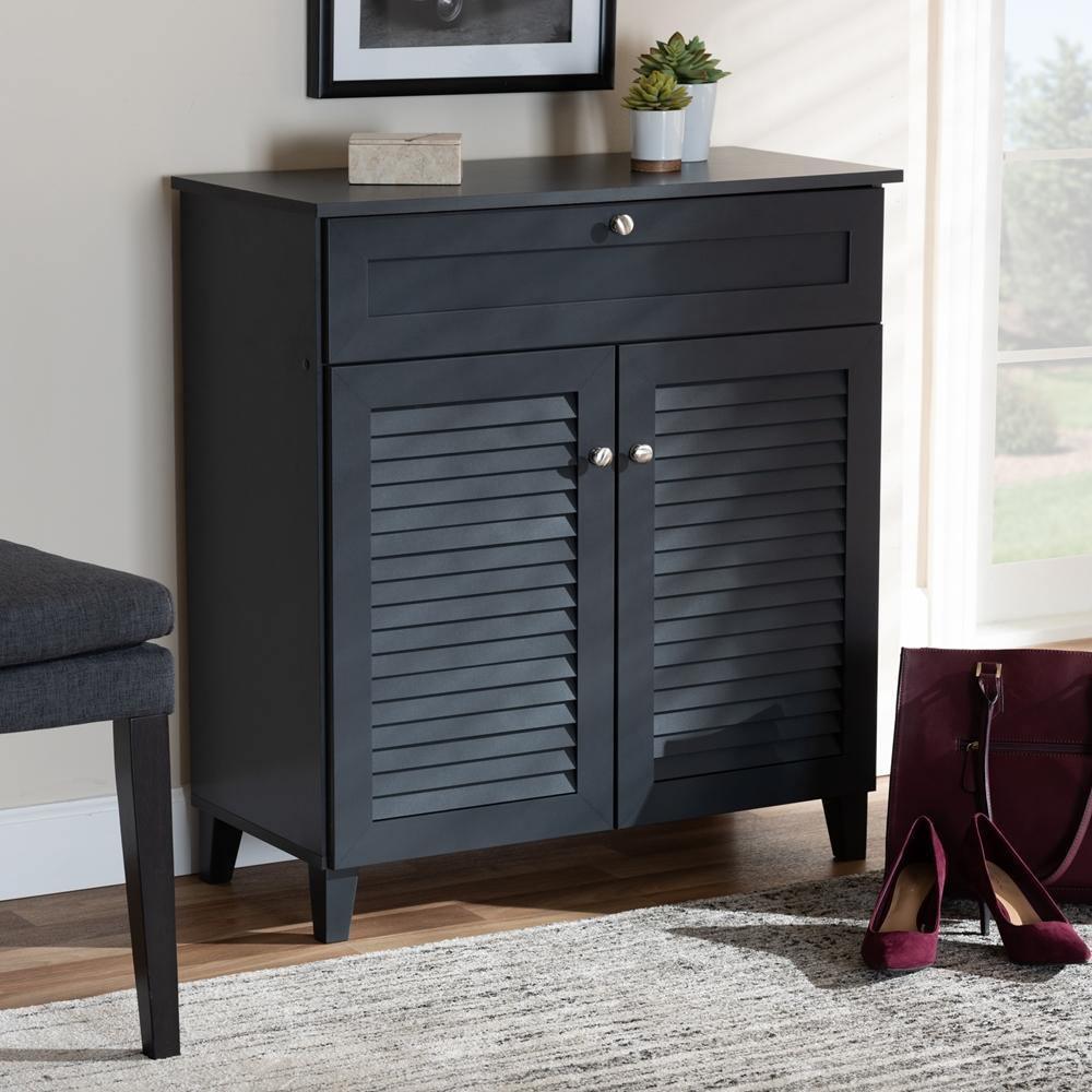 Coolidge Modern and Contemporary Dark Grey Finished 4-Shelf Wood Shoe Storage Cabinet with Drawer FredCo