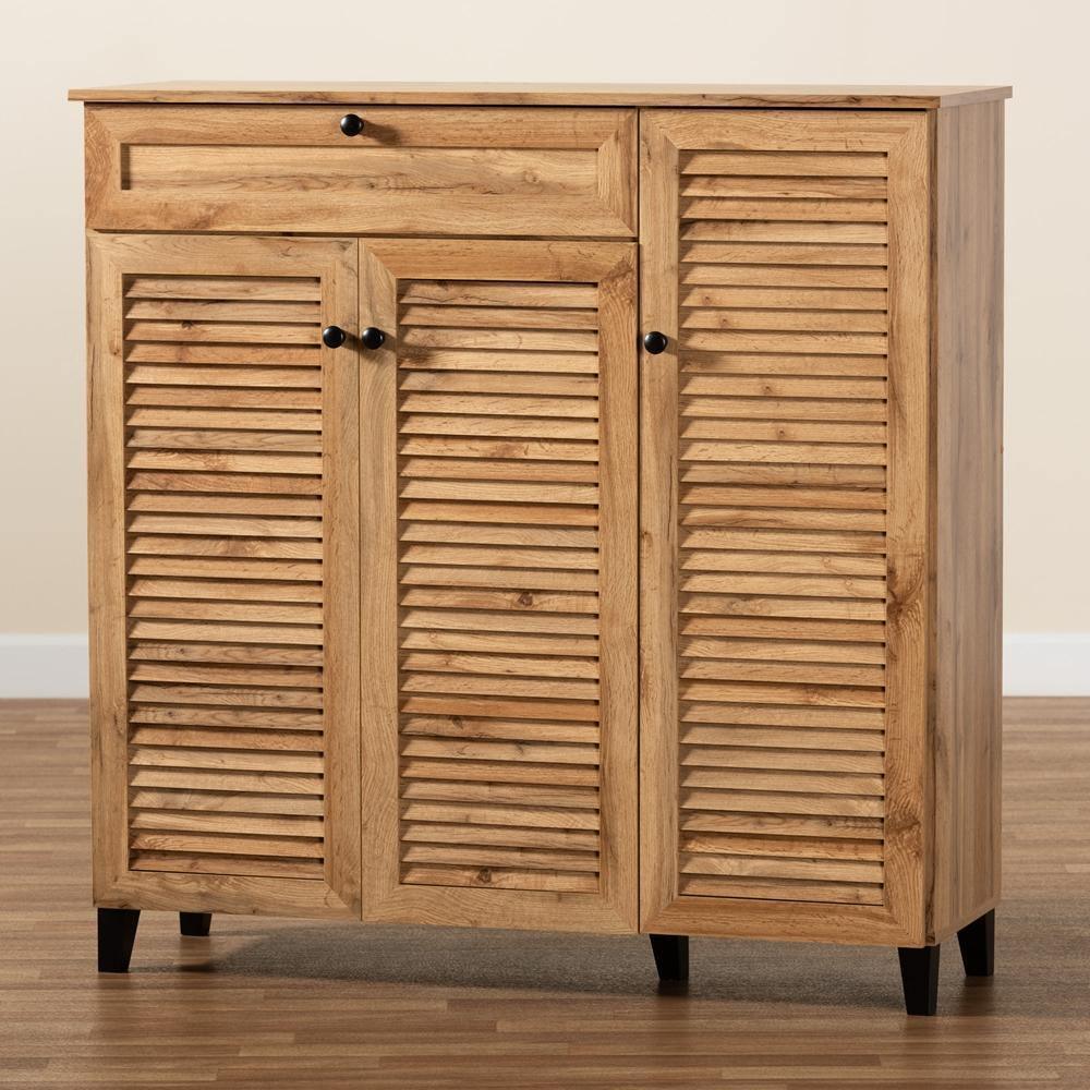 Coolidge Modern and Contemporary Oak Brown Finished Wood 3-Door Shoe Storage Cabinet with Drawer FredCo