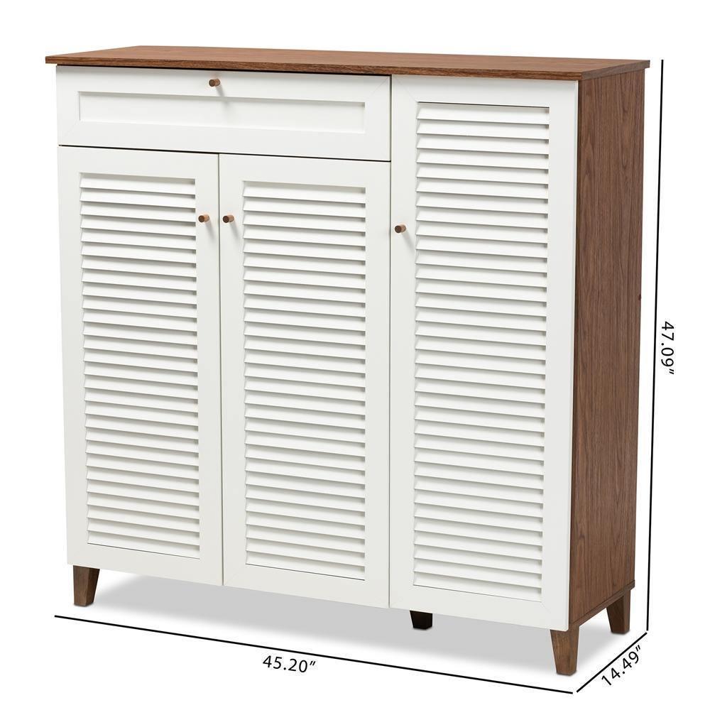 Coolidge Modern and Contemporary Walnut Finished 11-Shelf Wood Shoe Storage Cabinet with Drawer FredCo
