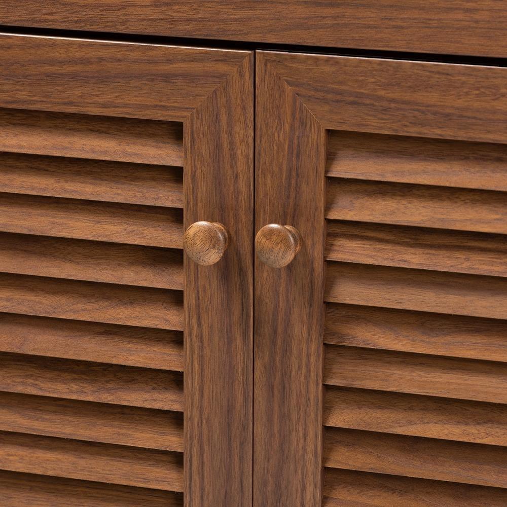 Coolidge Modern and Contemporary Walnut Finished 4-Shelf Wood Shoe Storage Cabinet with Drawer FredCo
