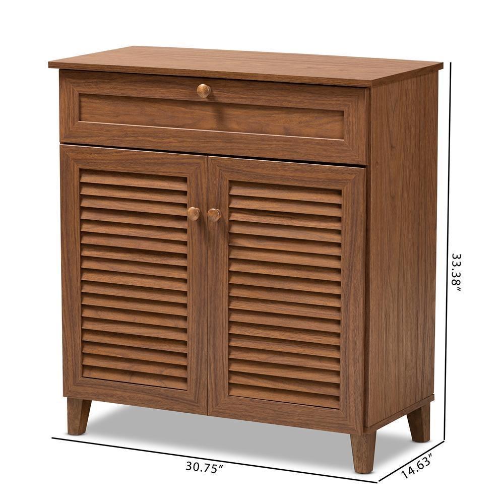 Coolidge Modern and Contemporary Walnut Finished 4-Shelf Wood Shoe Storage Cabinet with Drawer FredCo