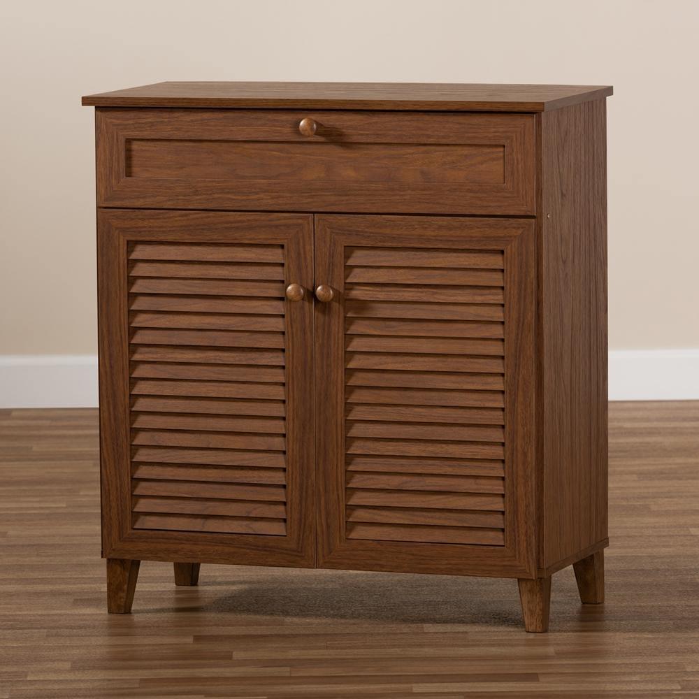 Coolidge Modern and Contemporary Walnut Finished 4-Shelf Wood Shoe Storage Cabinet with Drawer FredCo