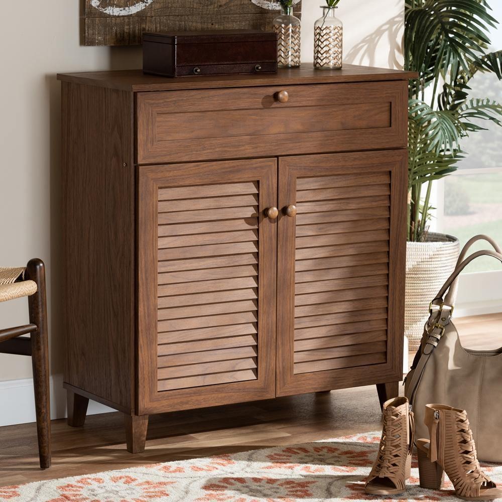 Coolidge Modern and Contemporary Walnut Finished 4-Shelf Wood Shoe Storage Cabinet with Drawer FredCo