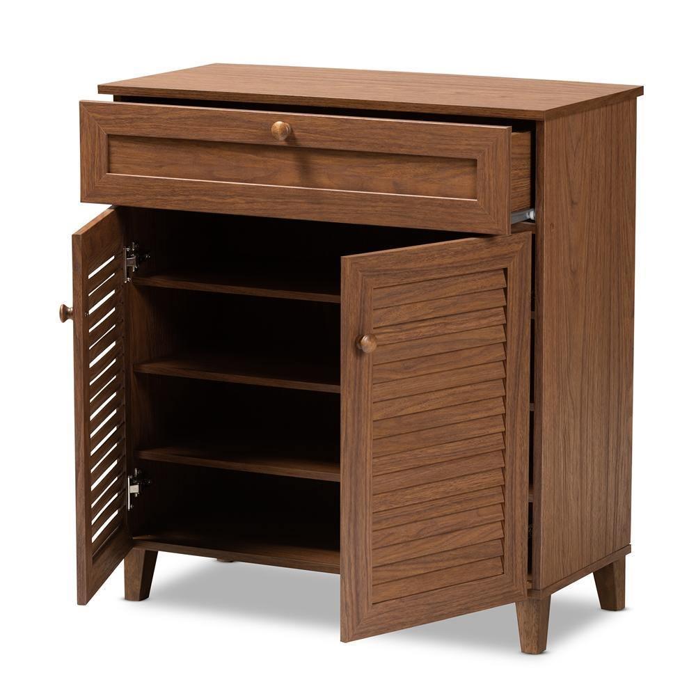 Coolidge Modern and Contemporary Walnut Finished 4-Shelf Wood Shoe Storage Cabinet with Drawer FredCo