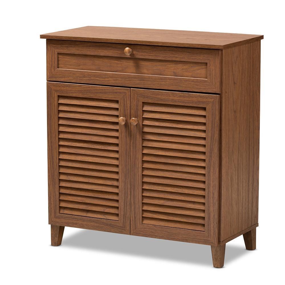 Coolidge Modern and Contemporary Walnut Finished 4-Shelf Wood Shoe Storage Cabinet with Drawer FredCo