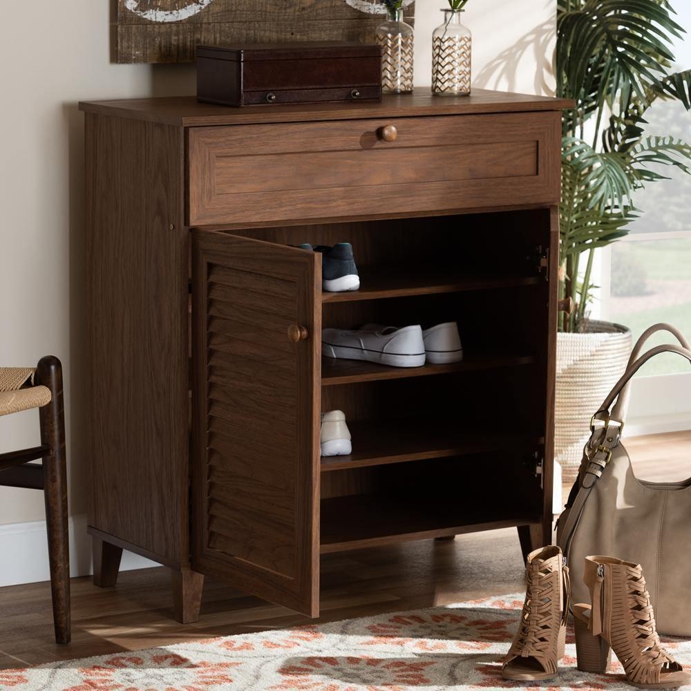 Coolidge Modern and Contemporary Walnut Finished 4-Shelf Wood Shoe Storage Cabinet with Drawer FredCo