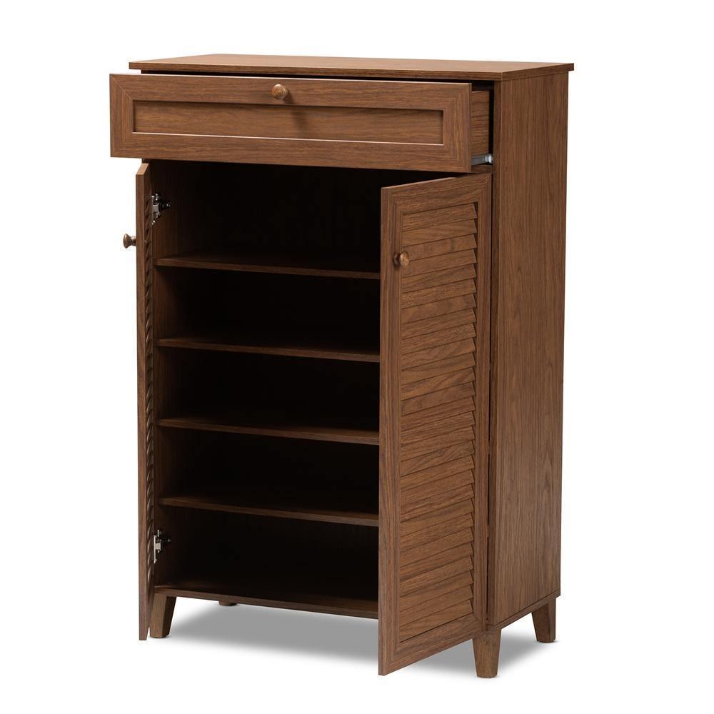 Coolidge Modern and Contemporary Walnut Finished 5-Shelf Wood Shoe Storage Cabinet with Drawer FredCo