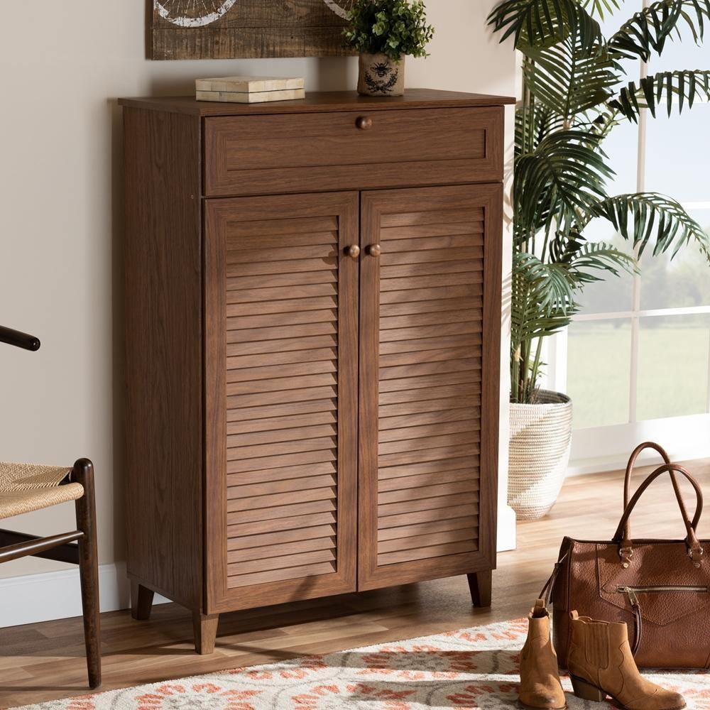 Coolidge Modern and Contemporary Walnut Finished 5-Shelf Wood Shoe Storage Cabinet with Drawer FredCo