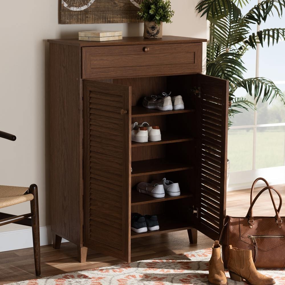 Coolidge Modern and Contemporary Walnut Finished 5-Shelf Wood Shoe Storage Cabinet with Drawer FredCo