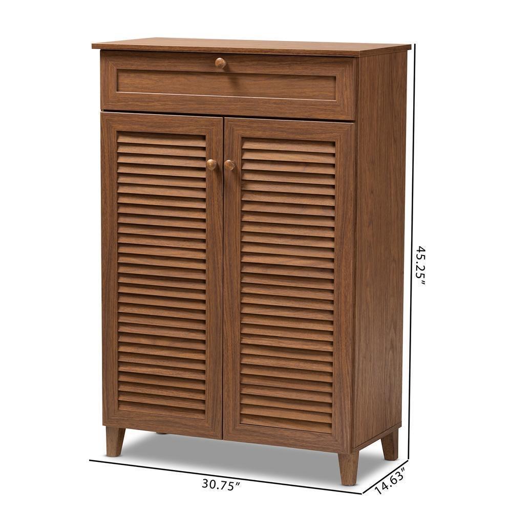 Coolidge Modern and Contemporary Walnut Finished 5-Shelf Wood Shoe Storage Cabinet with Drawer FredCo