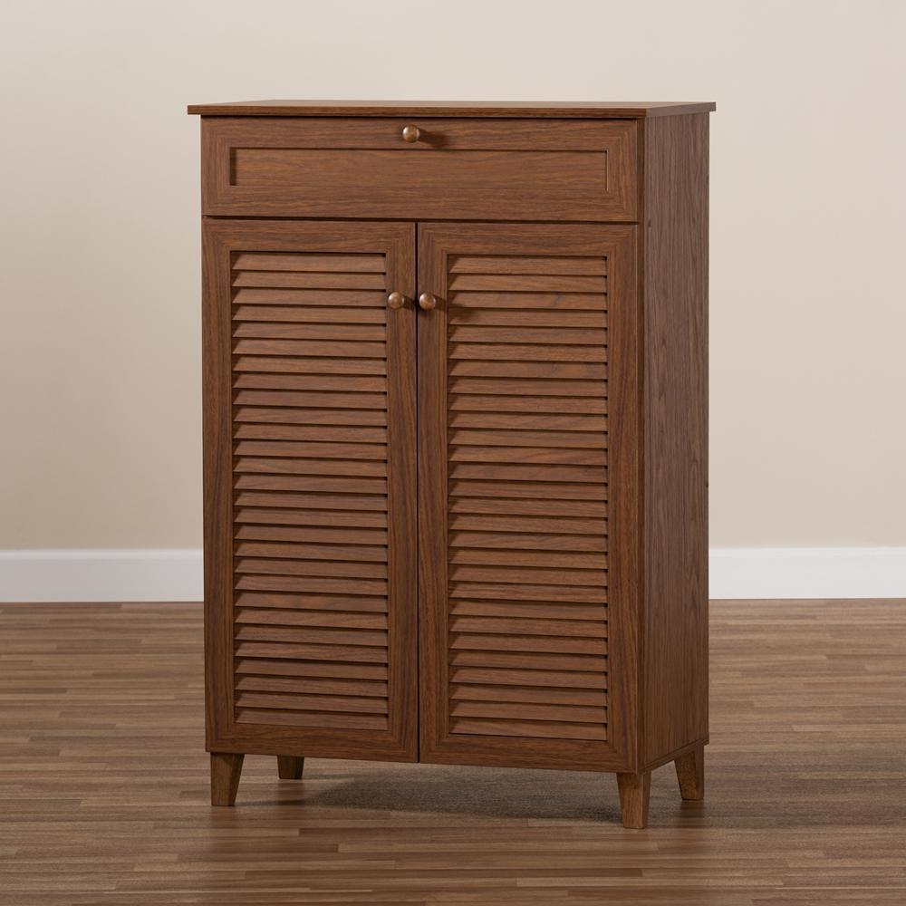 Coolidge Modern and Contemporary Walnut Finished 5-Shelf Wood Shoe Storage Cabinet with Drawer FredCo