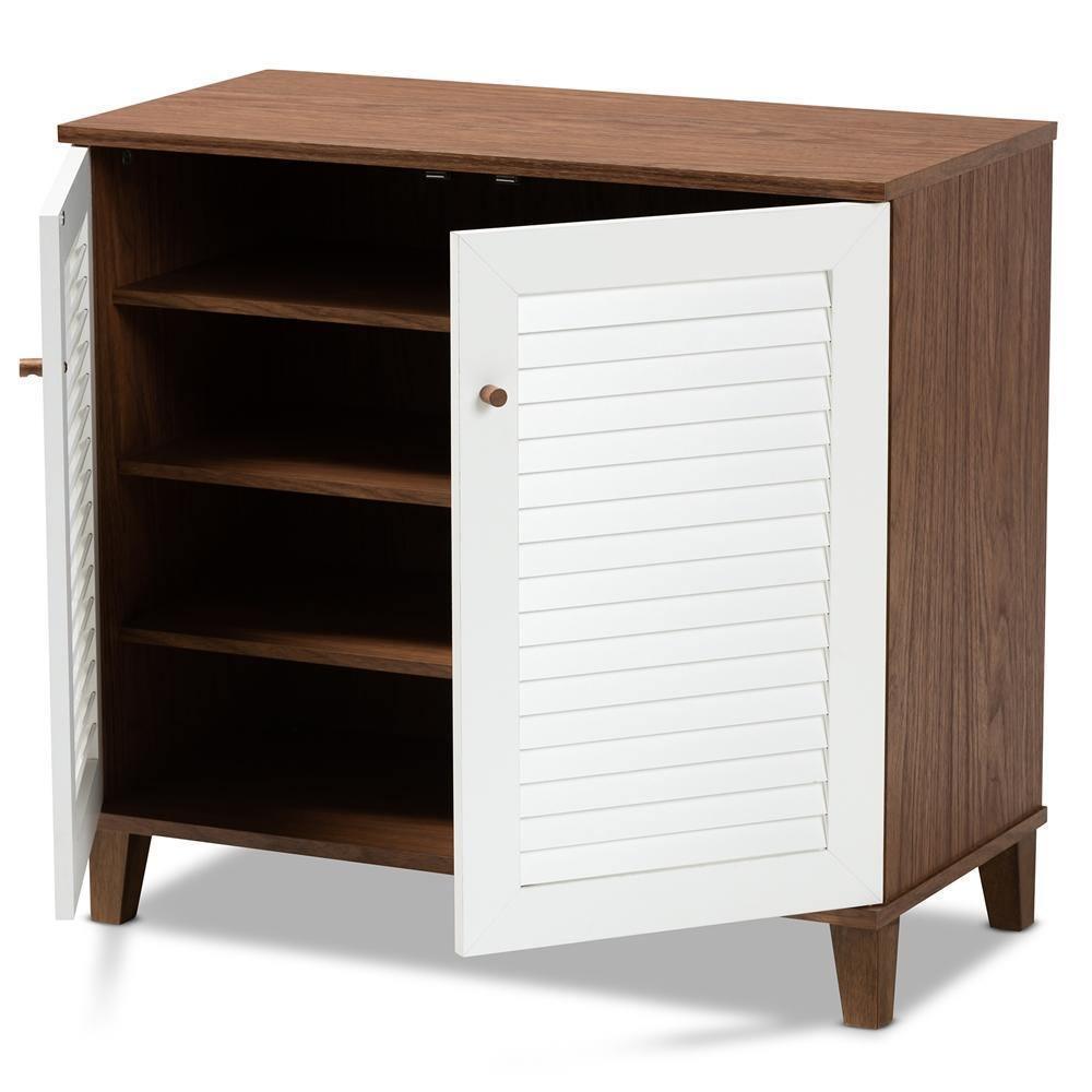 Coolidge Modern and Contemporary White and Walnut Finished 4-Shelf Wood Shoe Storage Cabinet FredCo