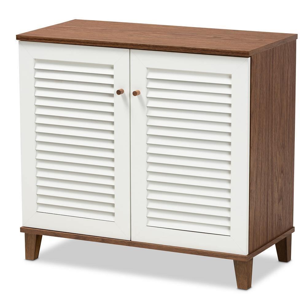 Coolidge Modern and Contemporary White and Walnut Finished 4-Shelf Wood Shoe Storage Cabinet FredCo