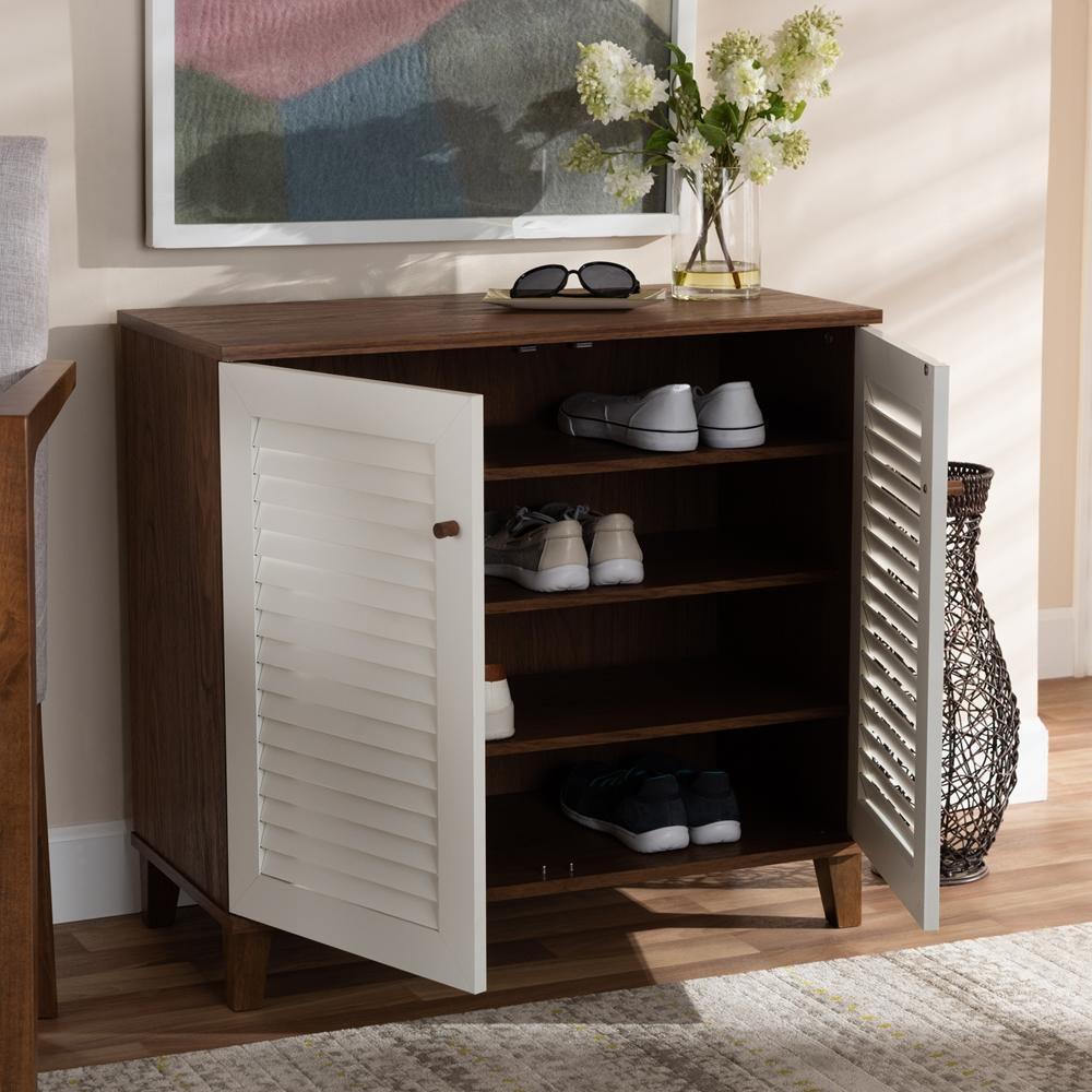 Coolidge Modern and Contemporary White and Walnut Finished 4-Shelf Wood Shoe Storage Cabinet FredCo