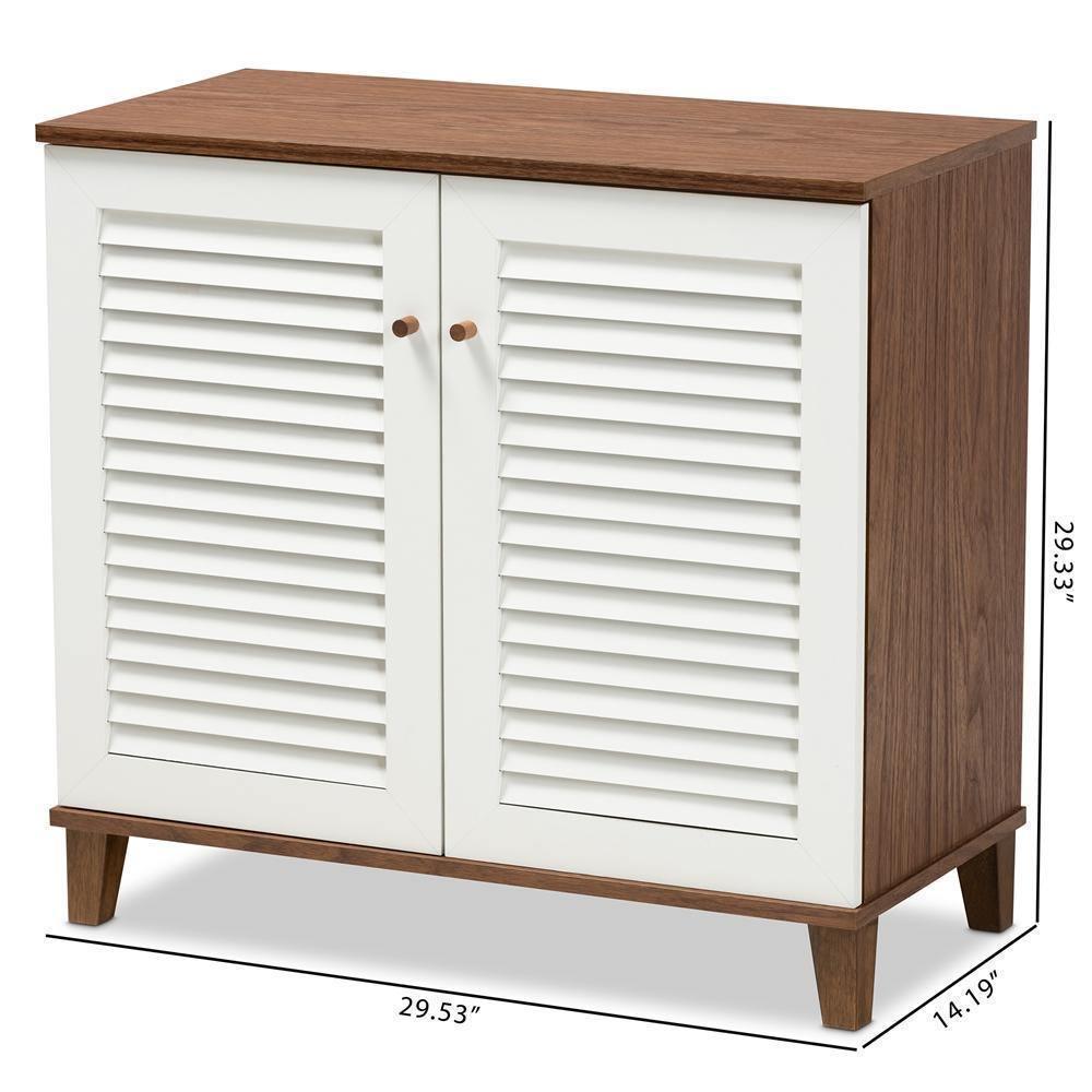 Coolidge Modern and Contemporary White and Walnut Finished 4-Shelf Wood Shoe Storage Cabinet FredCo