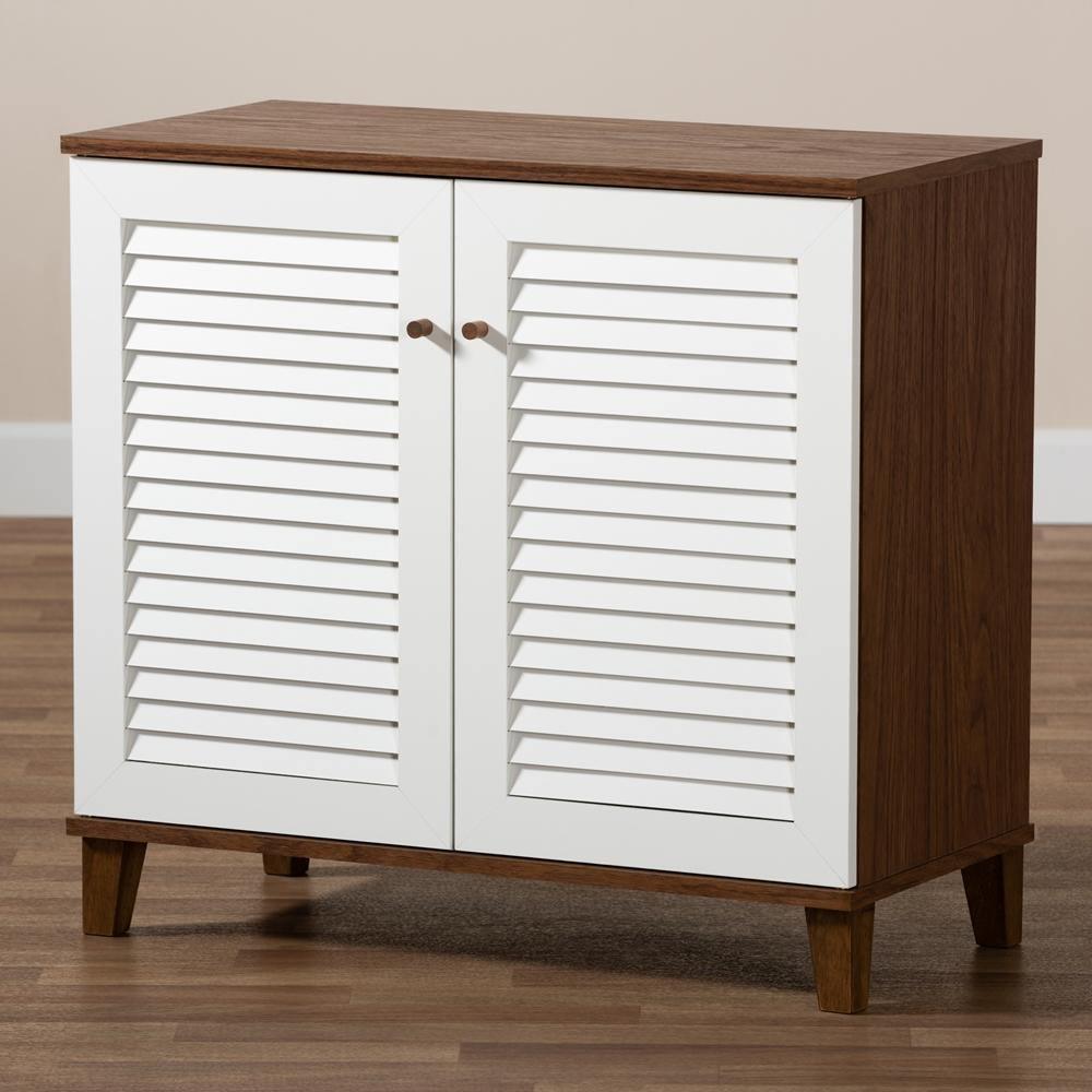 Coolidge Modern and Contemporary White and Walnut Finished 4-Shelf Wood Shoe Storage Cabinet FredCo